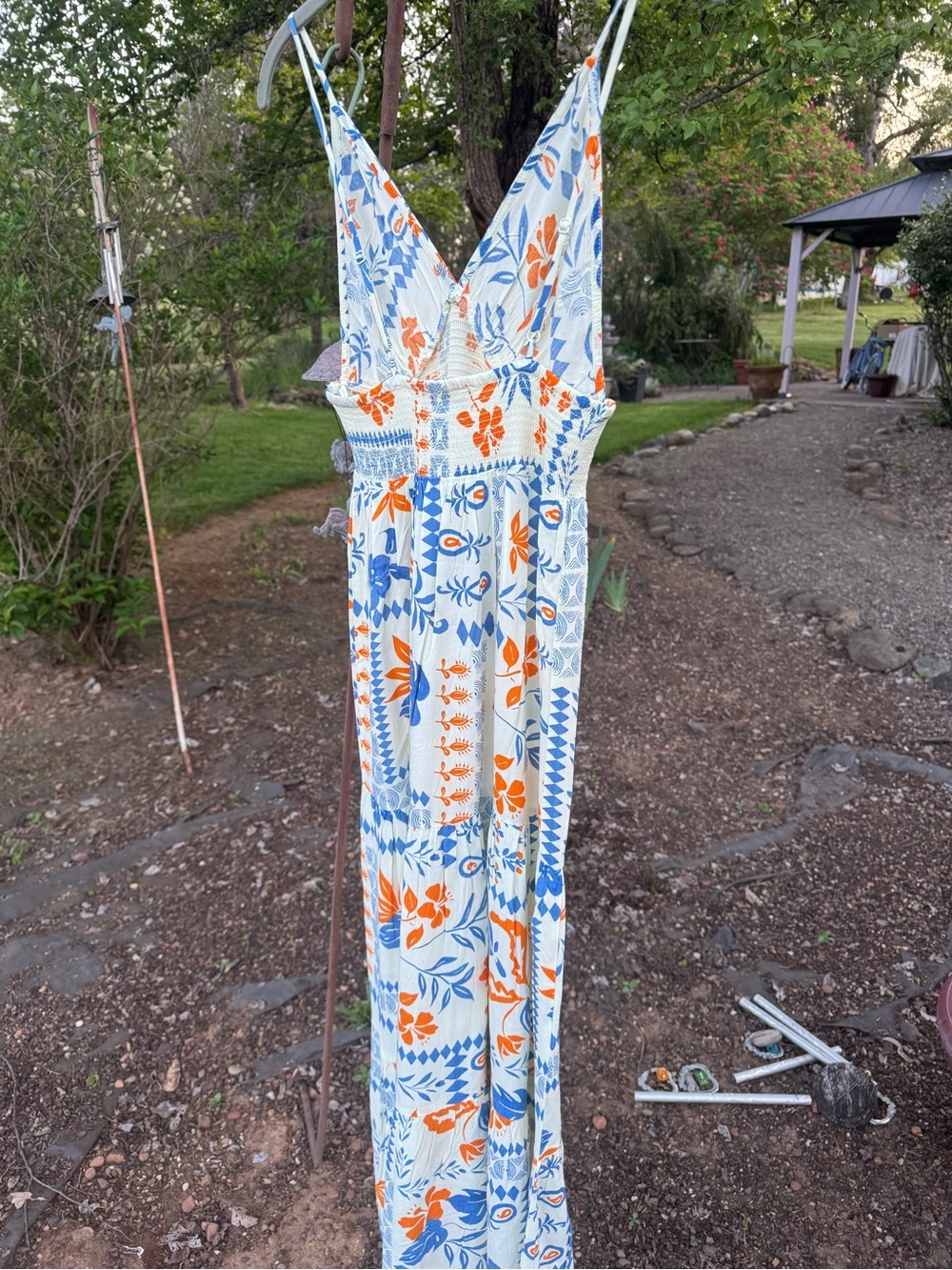 Patrons of Peace White Maxi Dress with Blue and Orange Floral Print